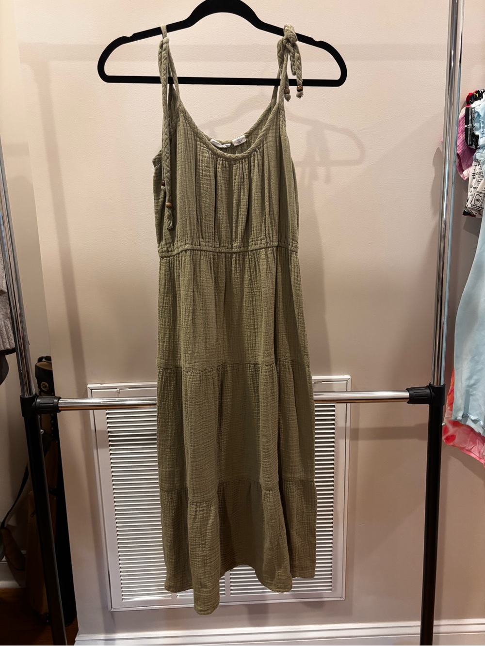 Lucky Brand Olive Green Tiered Maxi Dress with Tie Straps